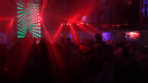 Animated corporate event crowd with cinematic red stage lighting