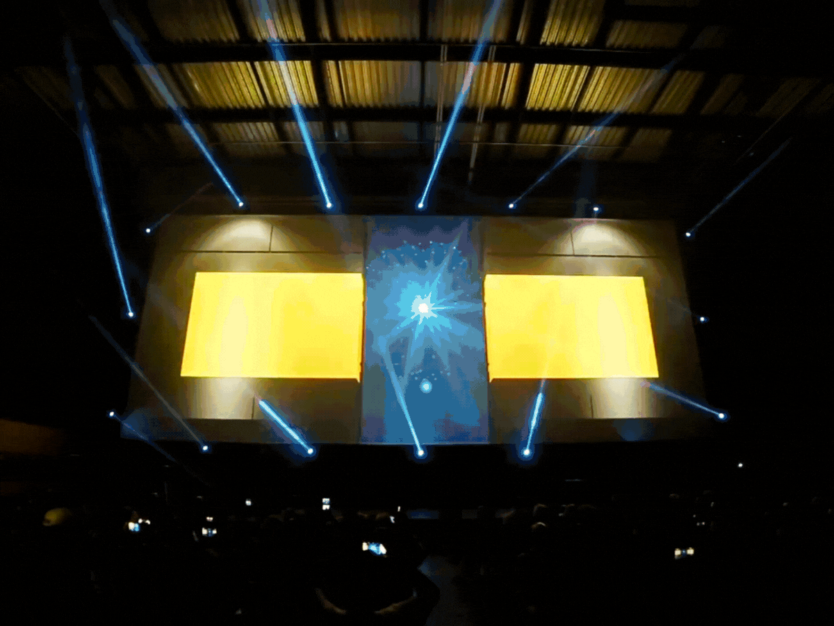 Animated product launch stage with dramatic lighting and reveal screens